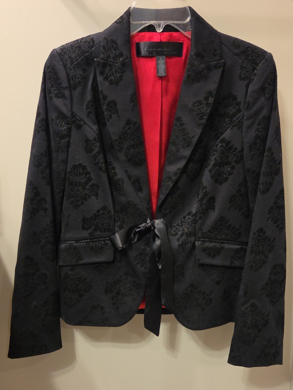 Apostrophe Black Brocade Satin-Trim Blazer with Red Lining